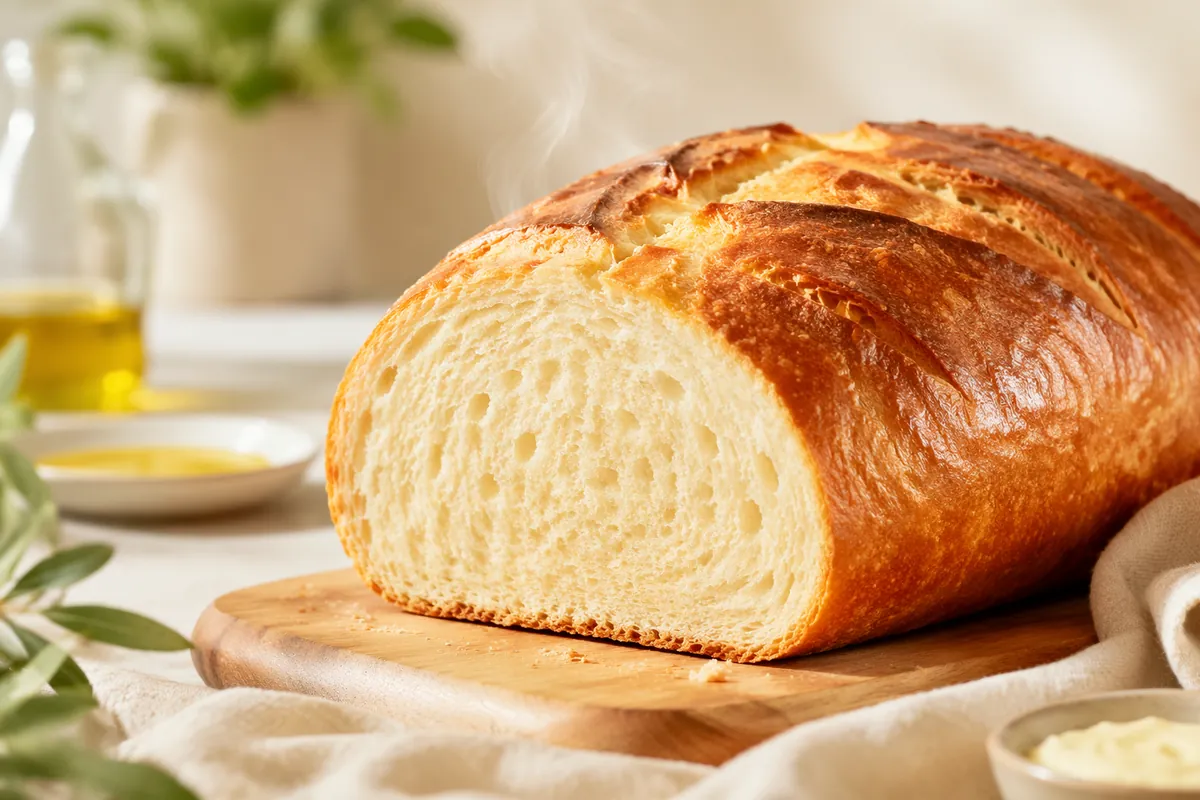 Cut loaf of bread on a wooden board, showing a soft, open crumb and a golden crust