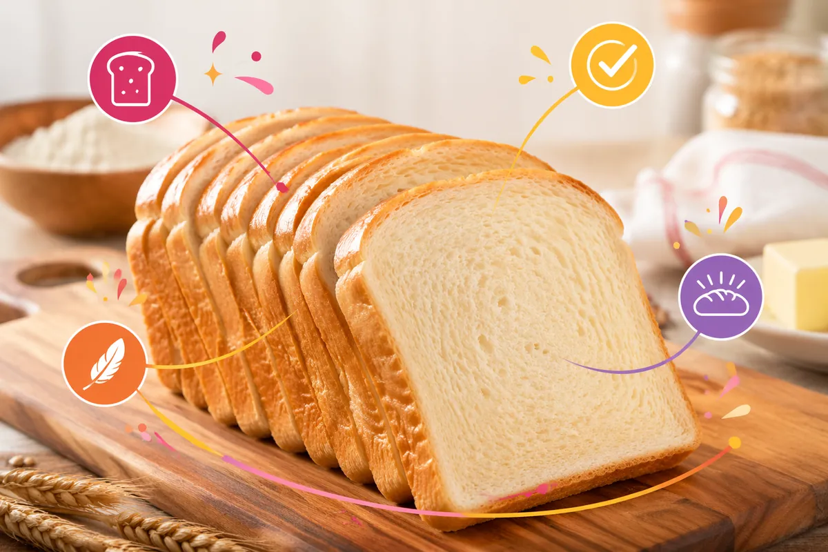 Sliced white sandwich loaf on a wooden board, showing an even, fine crumb